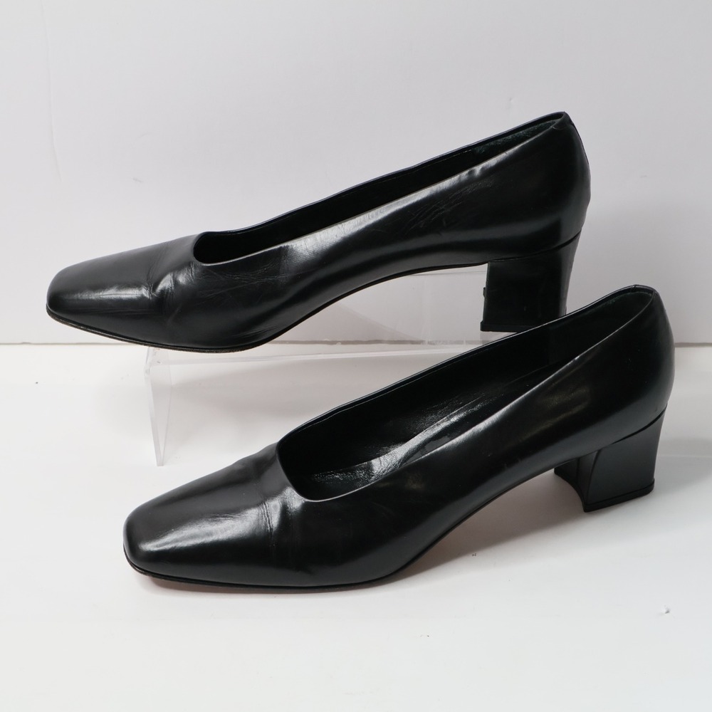VTG Amalfi Italy Black Leather Square Toe Block Heel Pumps Classic Chic 11.5 AA